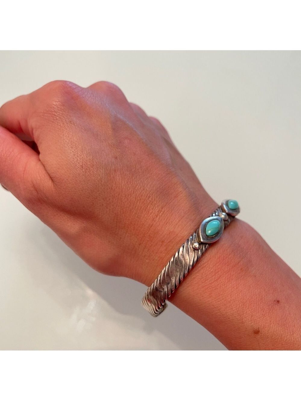 Vintage Mexico Turquoise Cable Design Cuff Bracelet in 925 Sterling Silv… - Picture 5 of 9
